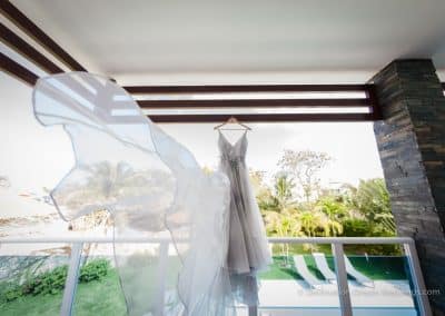 brides dress blowing in wind